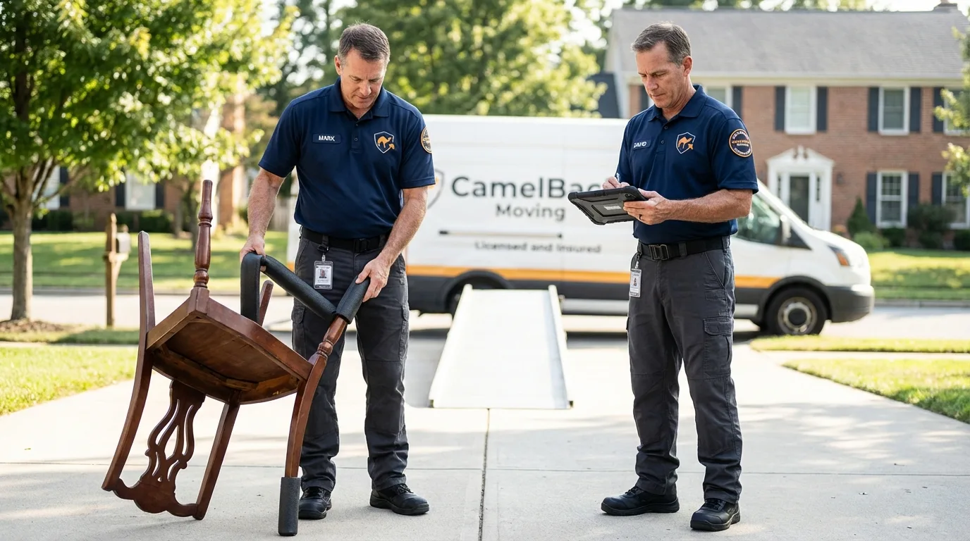 Movers inspecting furniture for damage prevention before loading in Port Saint Lucie, FL