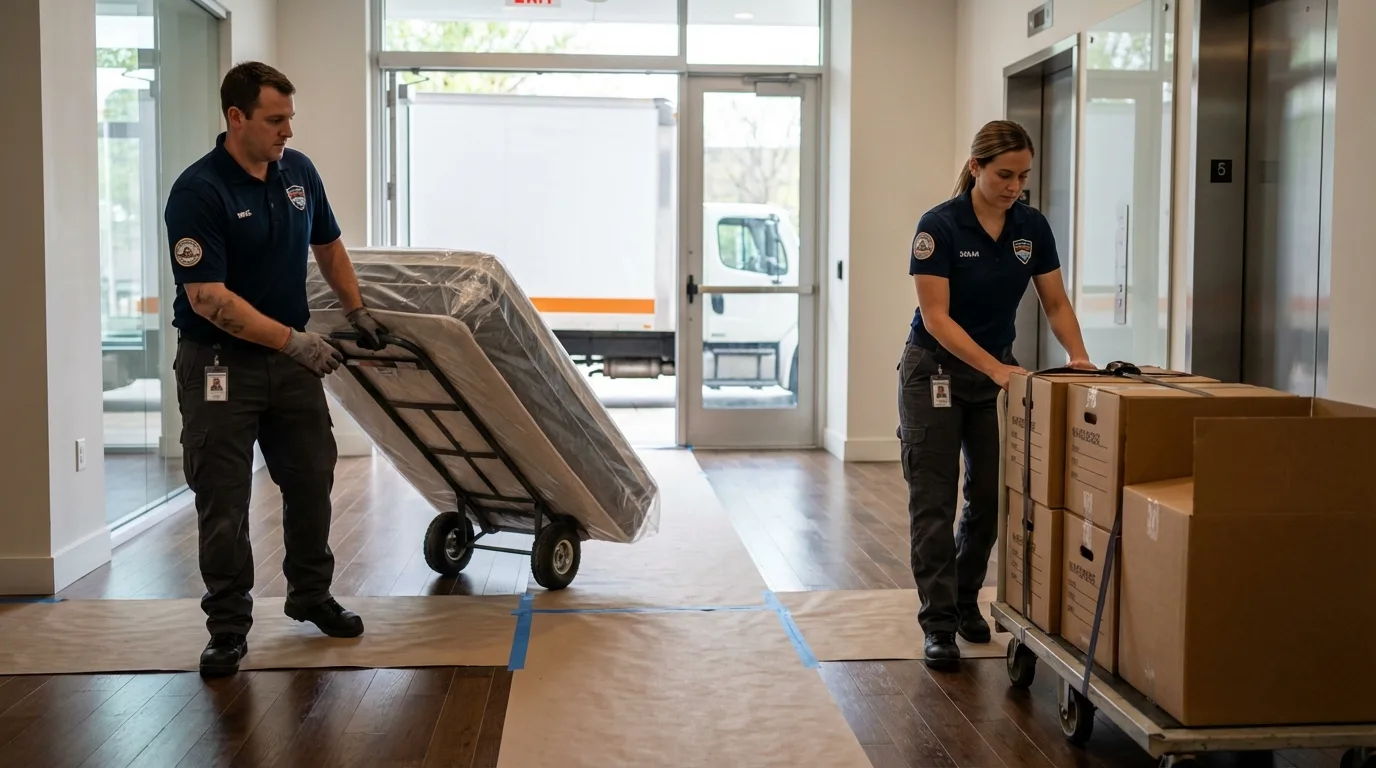 Professional apartment movers loading elevator in Port Saint Lucie, FL
