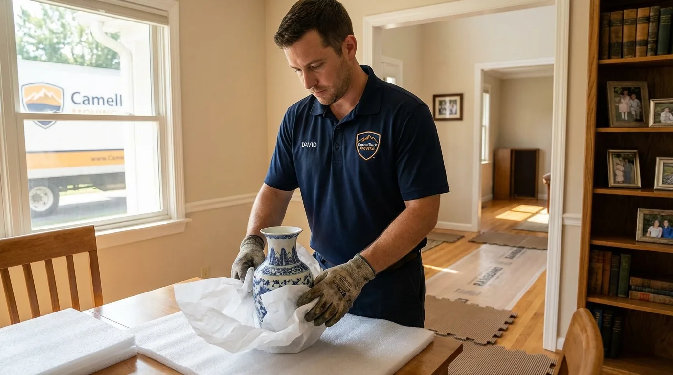 Professional crew carefully wrapping antique vase for senior downsizing move in Port Saint Lucie, FL